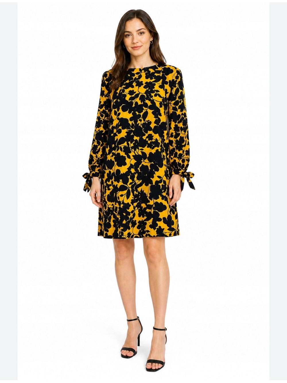H&M Mustard and Black Floral Tie-Sleeve Shift Dress